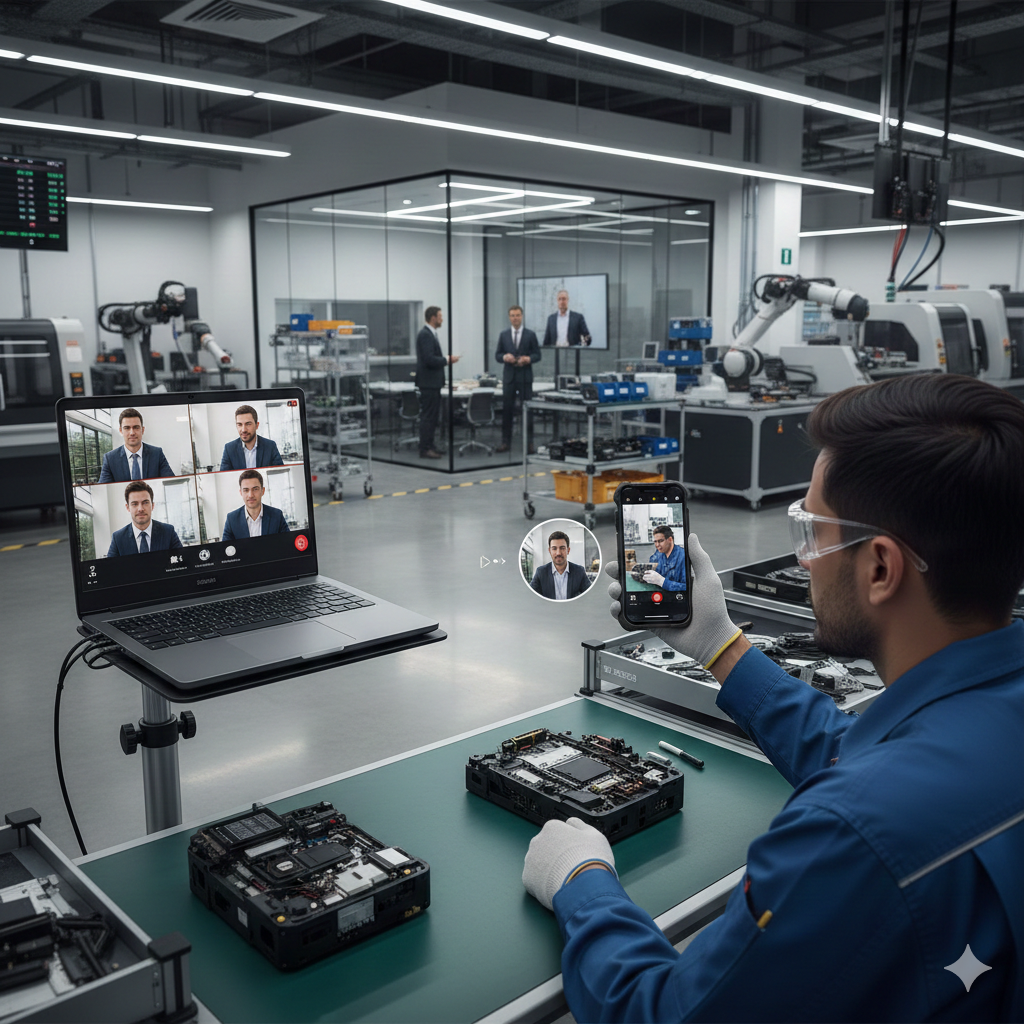 Virtual Gemba Walk in a manufacturing facility with operator using smartphone and laptop to show work remotely to leadership