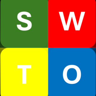 Visual SWOT analysis matrix with four colored squares representing Strengths, Weaknesses, Opportunities, and Threats, designed for strategic planning, business analysis, and professional presentations.